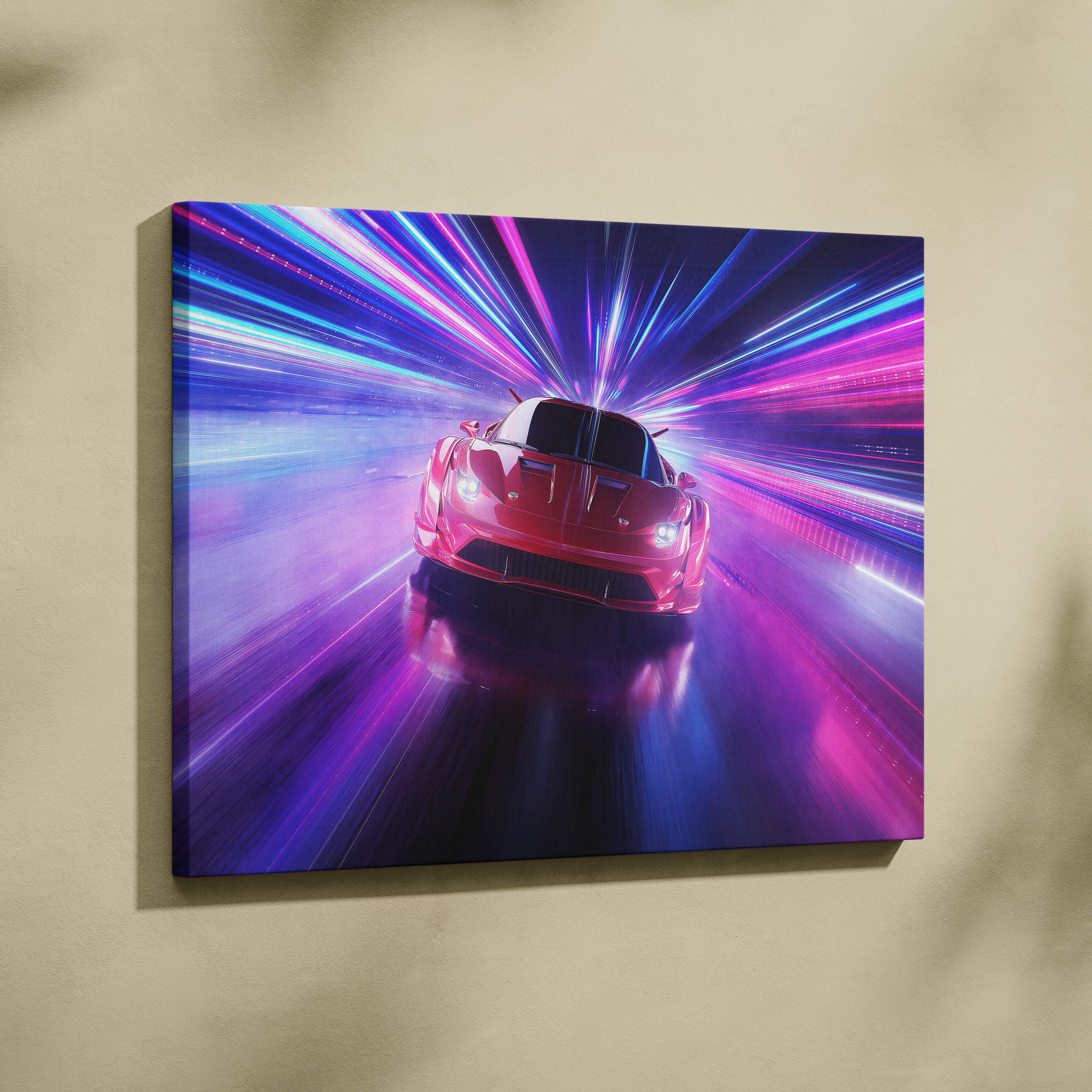 Vibrant red sports car canvas art with neon blue and purple light streaks for modern sci-fi wall decor