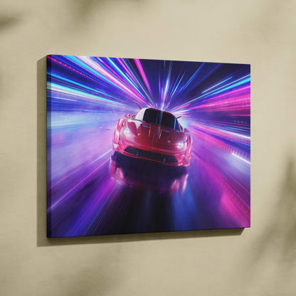 Vibrant red sports car canvas art with neon blue and purple light streaks for modern sci-fi wall decor