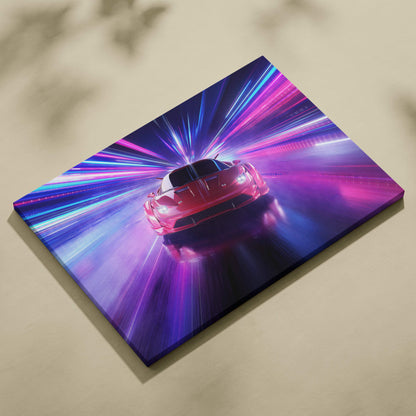 Neon speed supercar canvas art showing a vibrant red sports car with electric blue and pink cyberpunk light trails