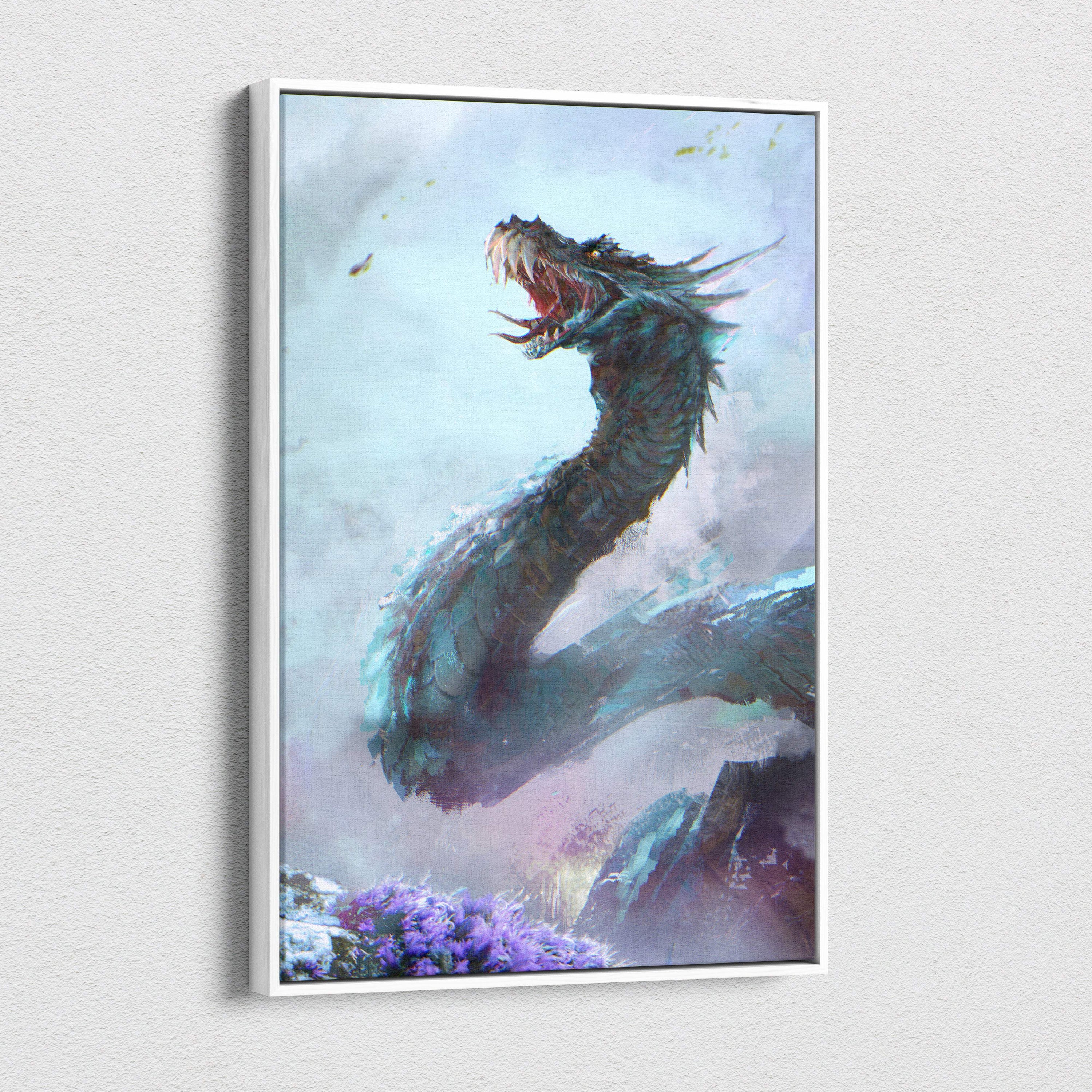 Framed blue ice dragon canvas wall art featuring a fierce teal-scaled dragon with glowing red eyes for gaming room decor