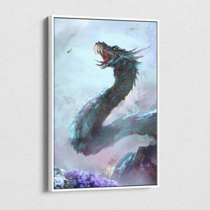 Framed blue ice dragon canvas wall art featuring a fierce teal-scaled dragon with glowing red eyes for gaming room decor