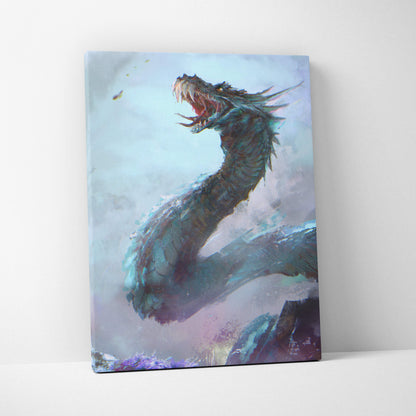 Blue ice dragon canvas wall art featuring a fierce teal dragon roaring with glowing eyes for gaming room decor