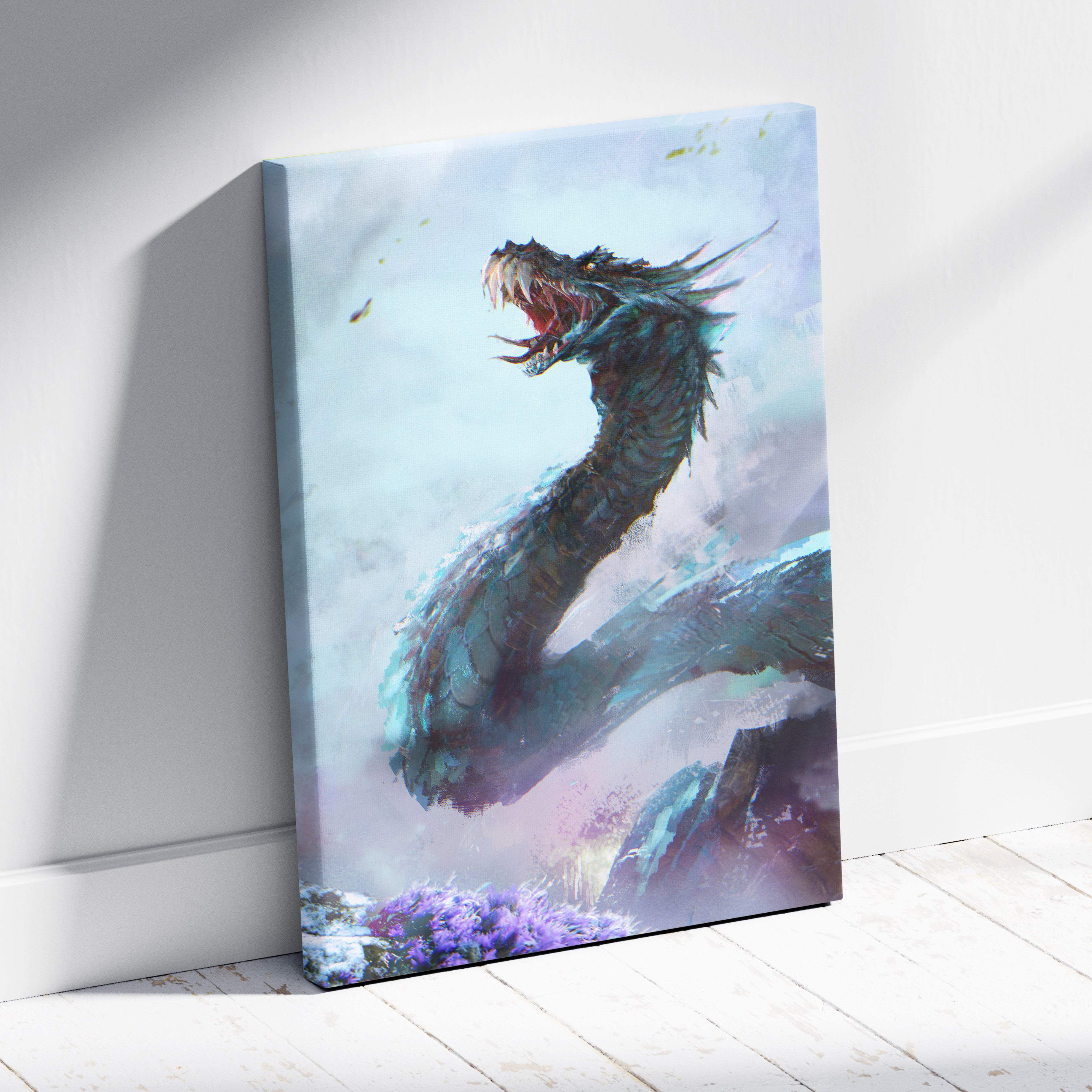Blue ice dragon teal canvas wall art with detailed scales and misty background for gaming room or man cave decor