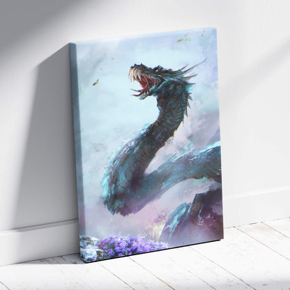 Blue ice dragon teal canvas wall art with detailed scales and misty background for gaming room or man cave decor
