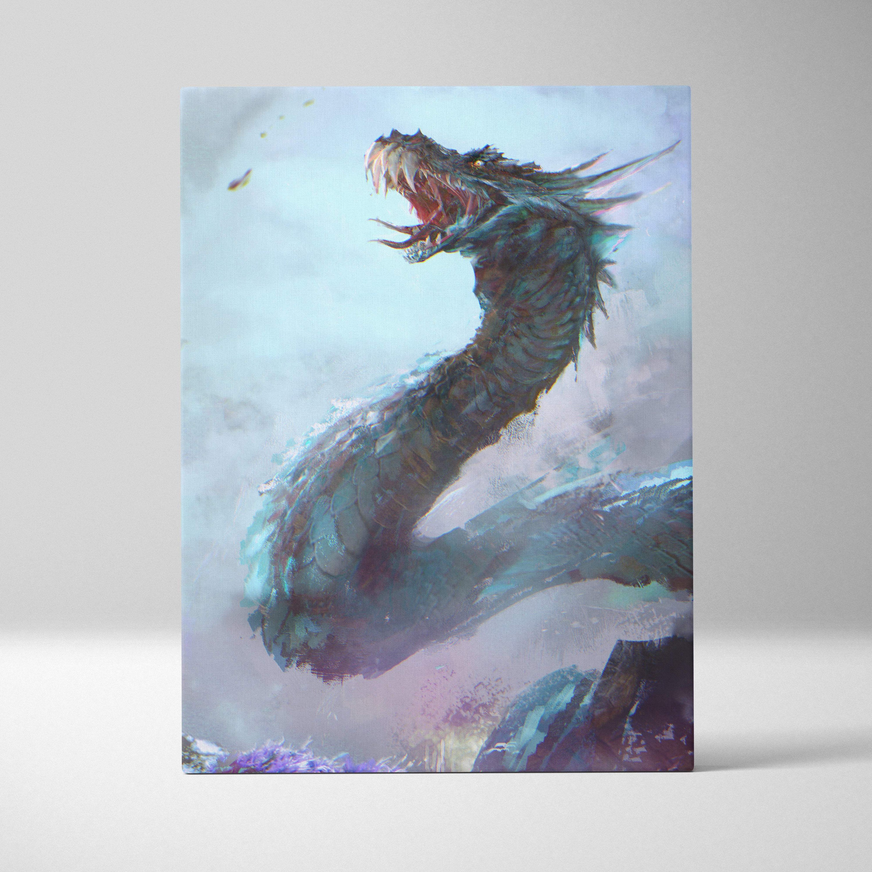 Blue ice dragon canvas wall art features a teal scaled dragon with sharp teeth and spiky neck ridges for man cave decor