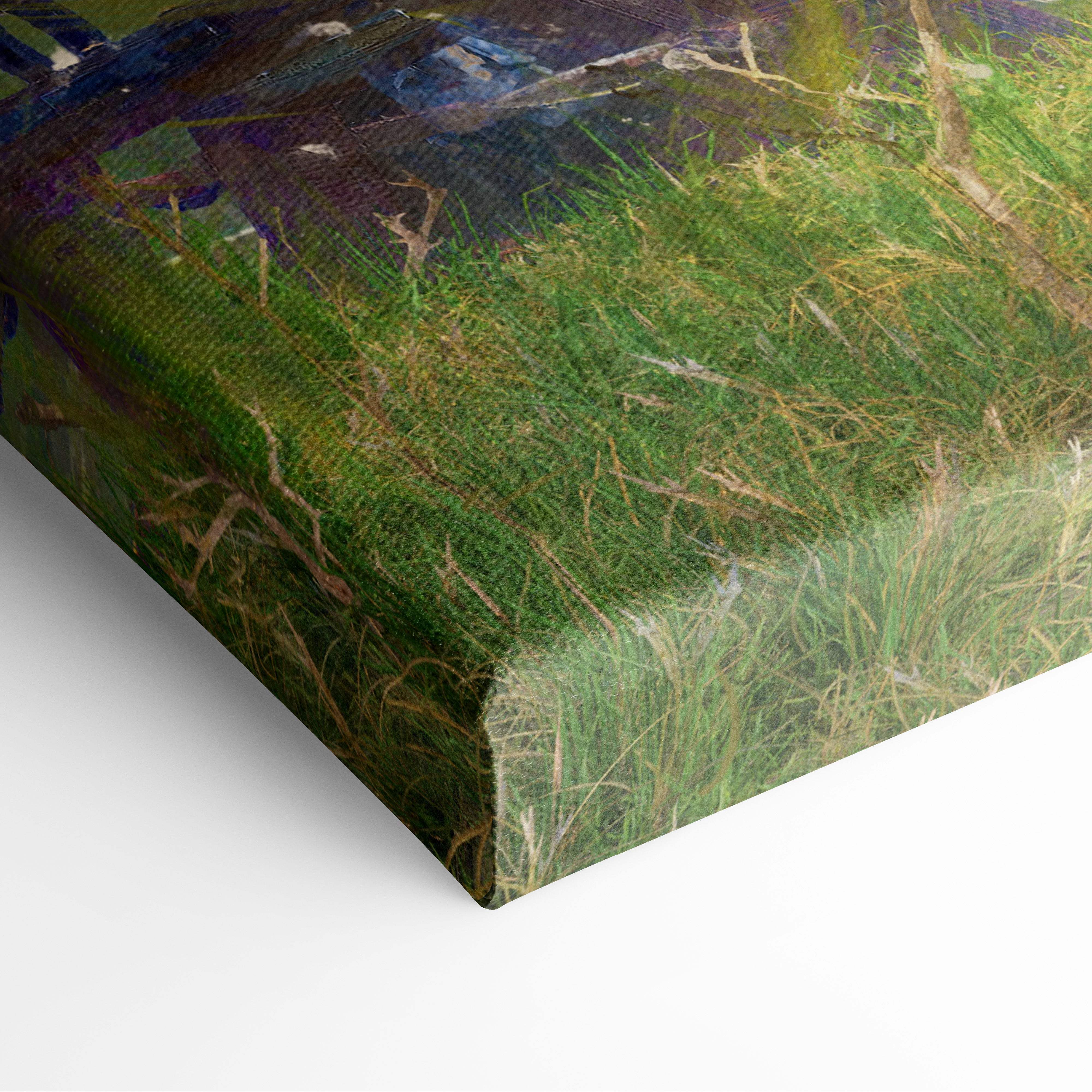 Medieval siege ballista canvas art featuring textured impressionistic green grass and armored warriors in a battlefield scene