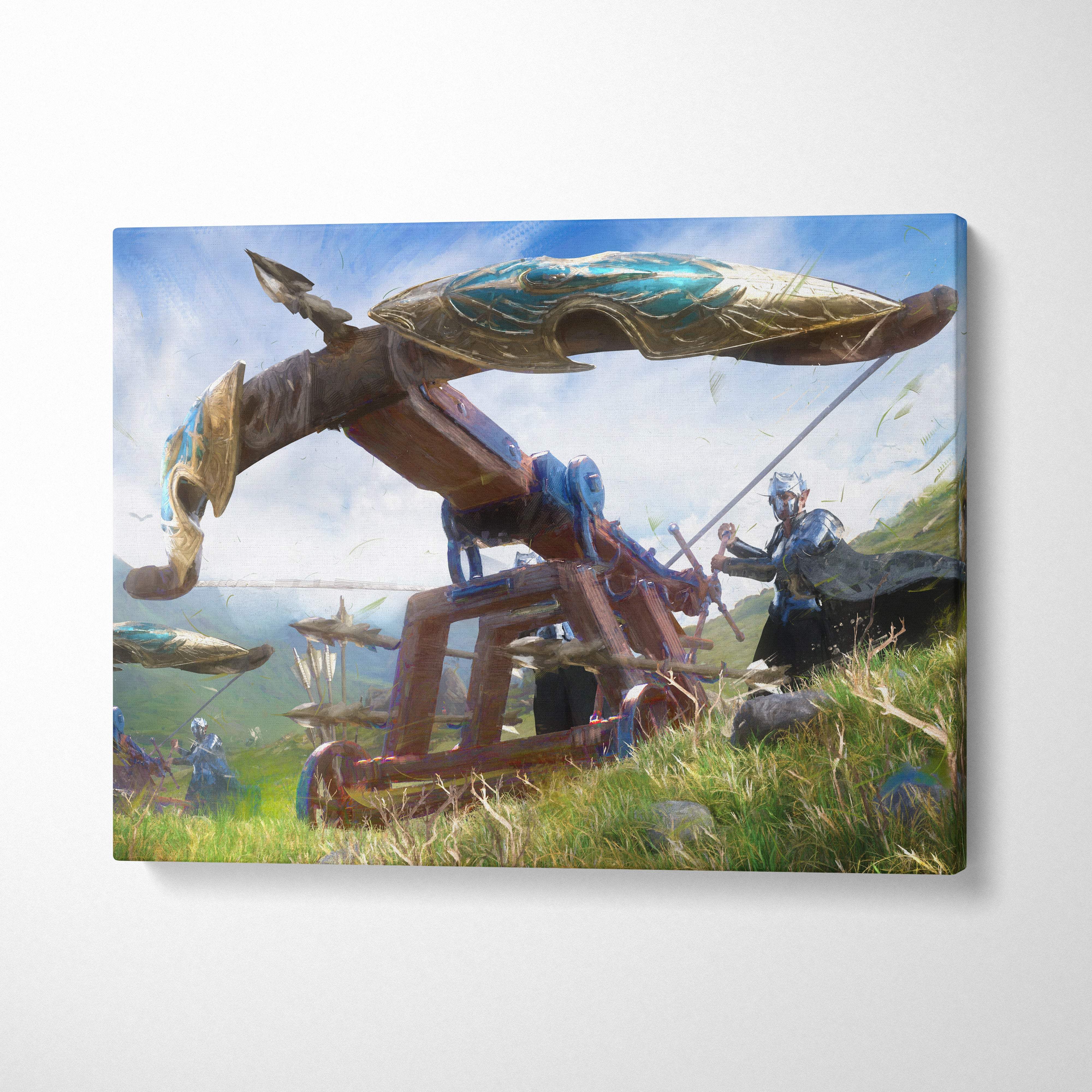 Fantasy-themed canvas print of a massive ornate gold and teal trebuchet on wooden legs in a medieval battlefield scene