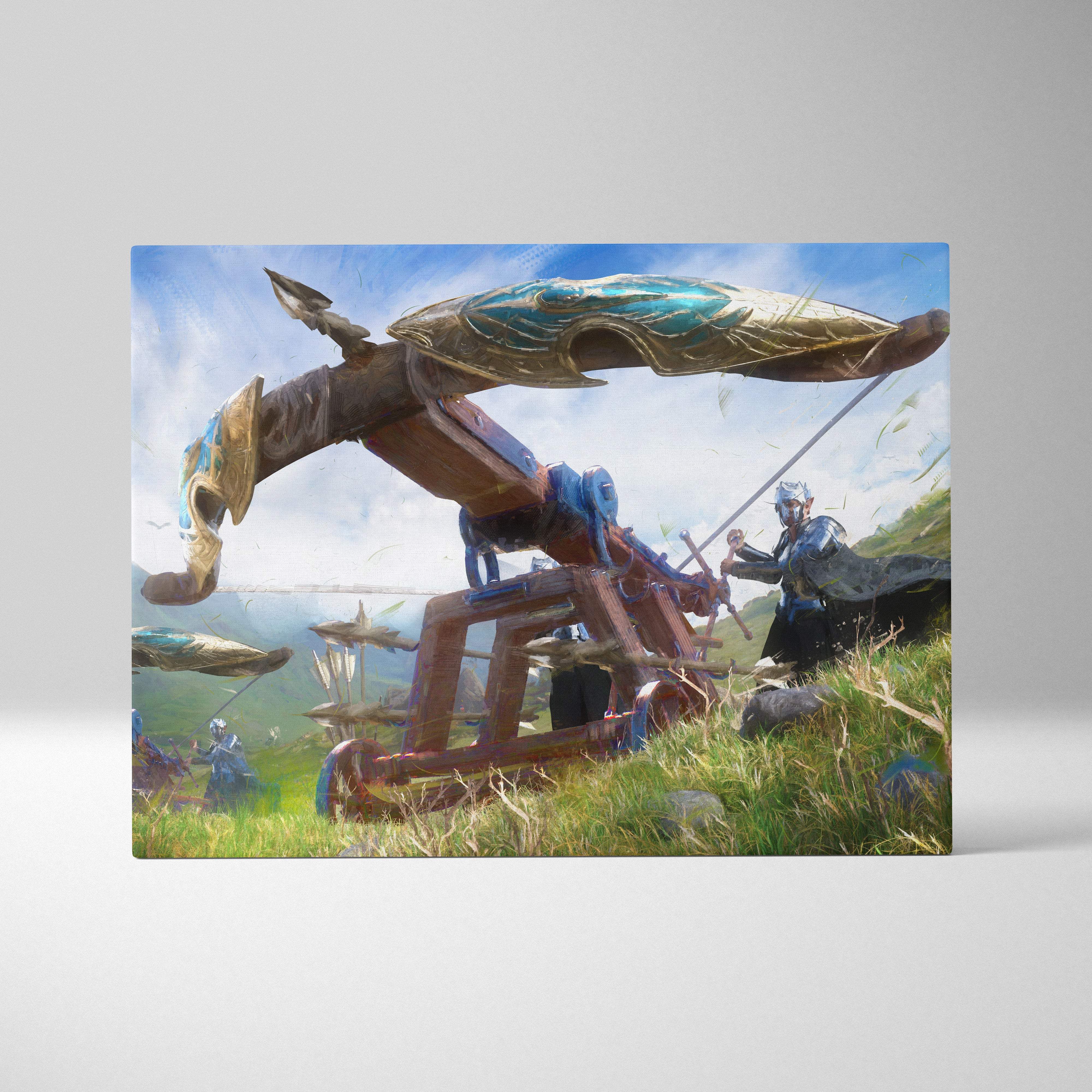 Medieval siege ballista canvas art depicting a golden and teal ornate trebuchet operated by armored warriors on grassy hills