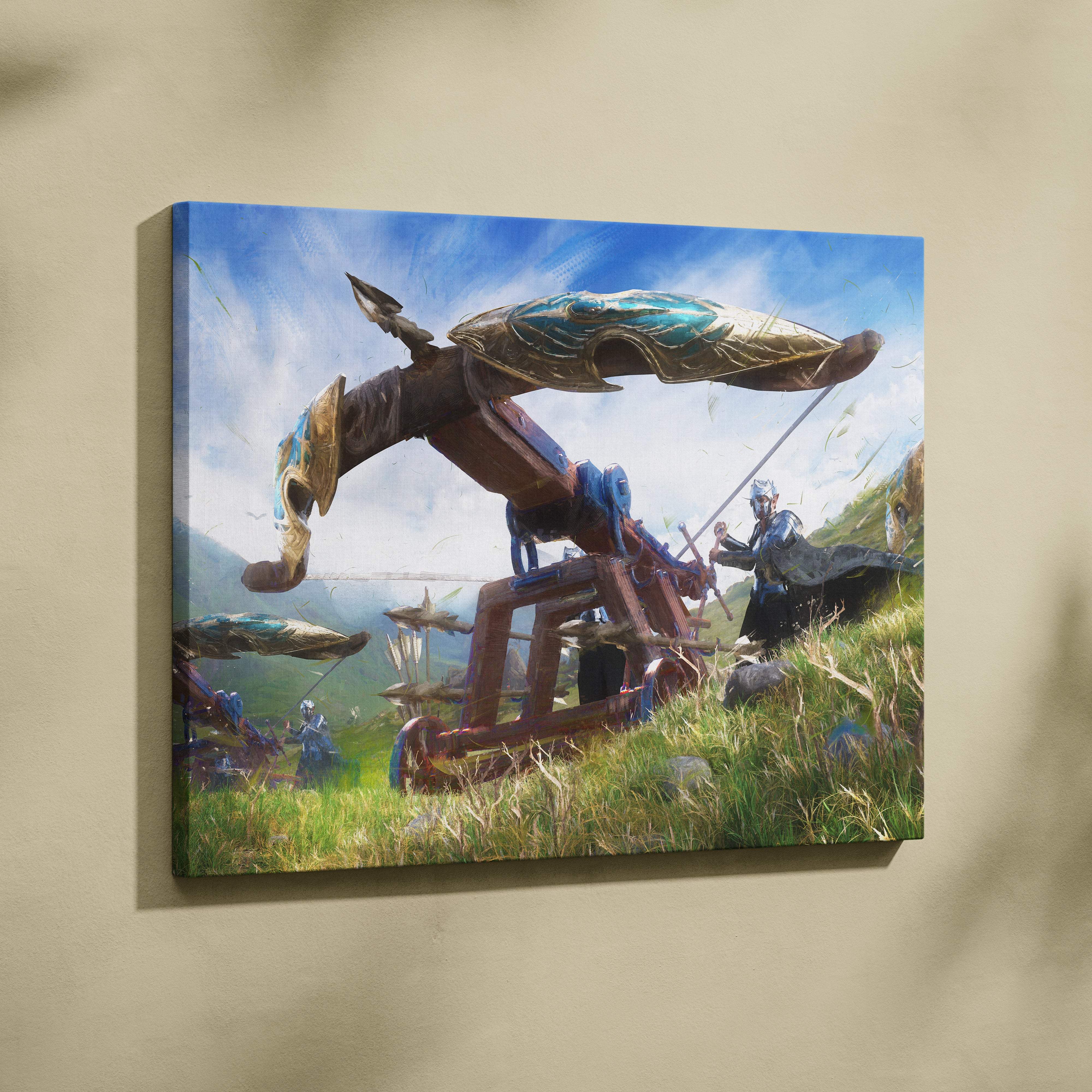 Medieval siege ballista canvas art featuring a vibrant fantasy battle scene with a golden and teal mechanical war machine