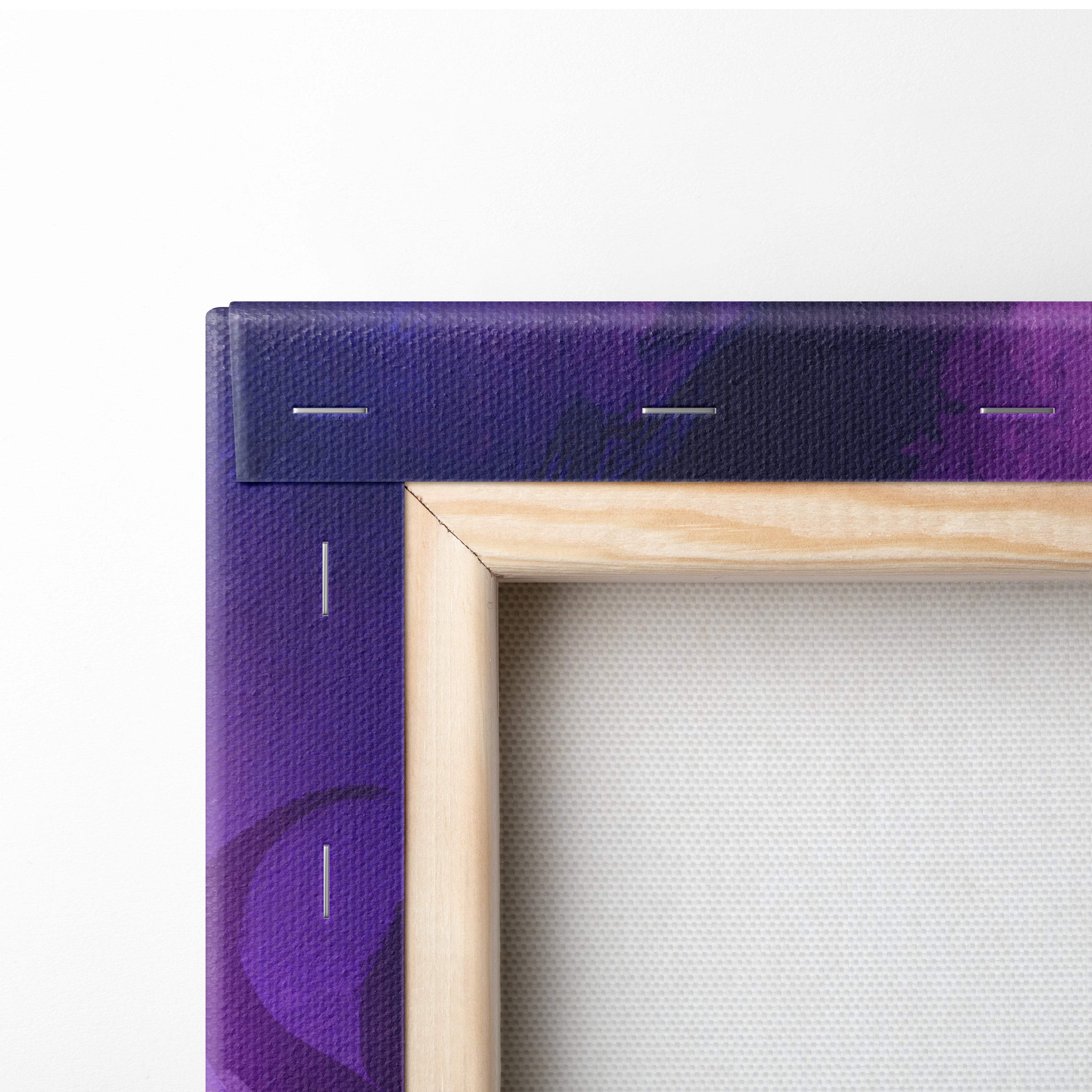 Purple canvas art with light wood frame featuring dark silhouette shadow mage and neon violet energy waves