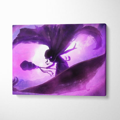 Purple and pink gradient canvas print of a stylized anime shadow mage with magic staff and neon violet energy waves