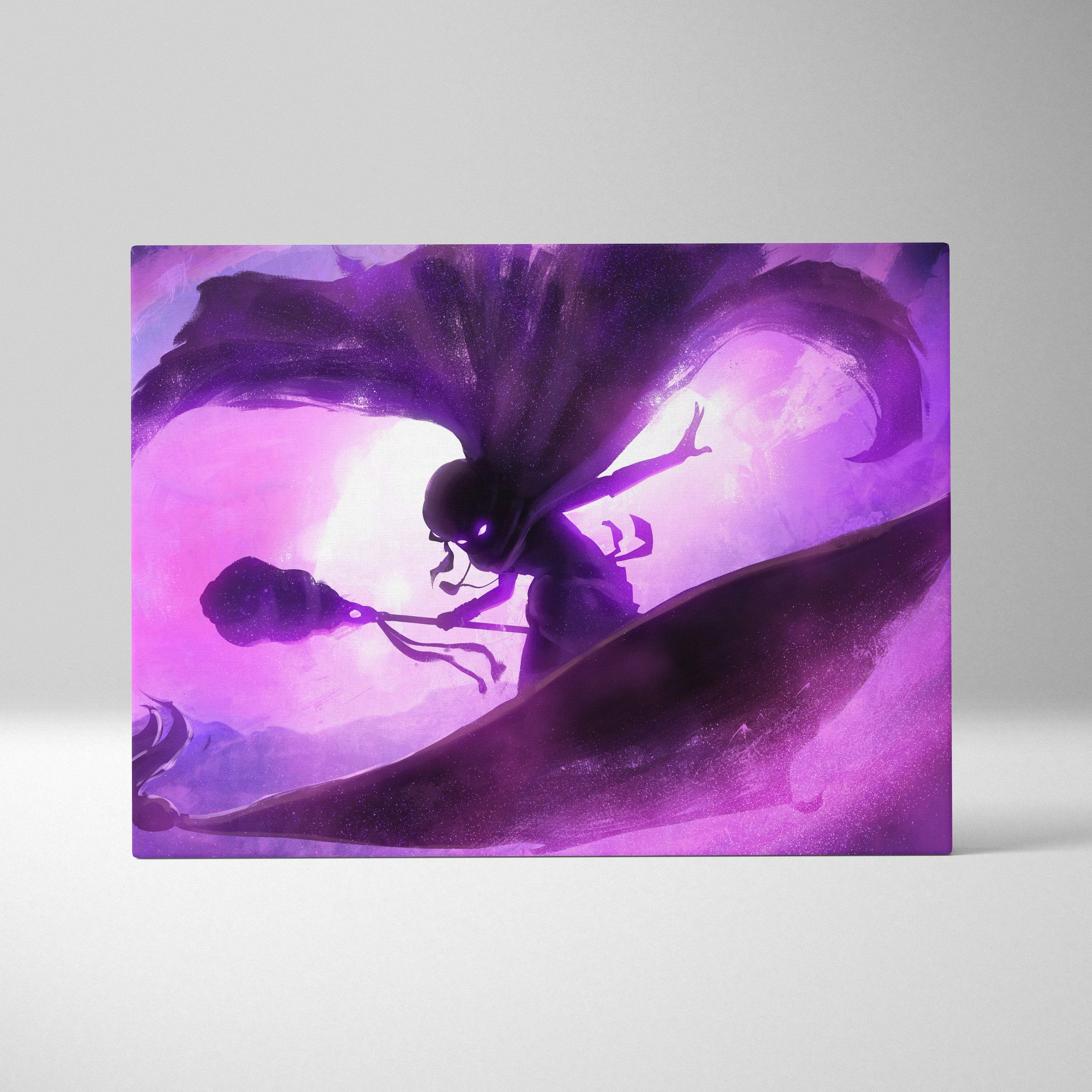 Purple and pink canvas art featuring a stylized anime shadow mage with flowing hair and neon violet energy waves