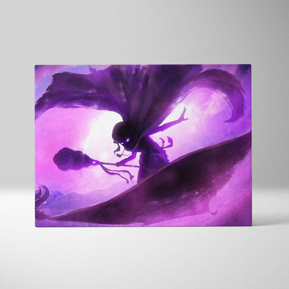 Purple and pink canvas art featuring a stylized anime shadow mage with flowing hair and neon violet energy waves