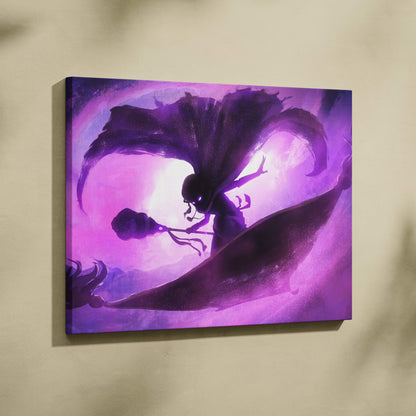 Purple and black illustrated canvas art featuring a stylized shadow mage with flowing hair and neon violet energy waves