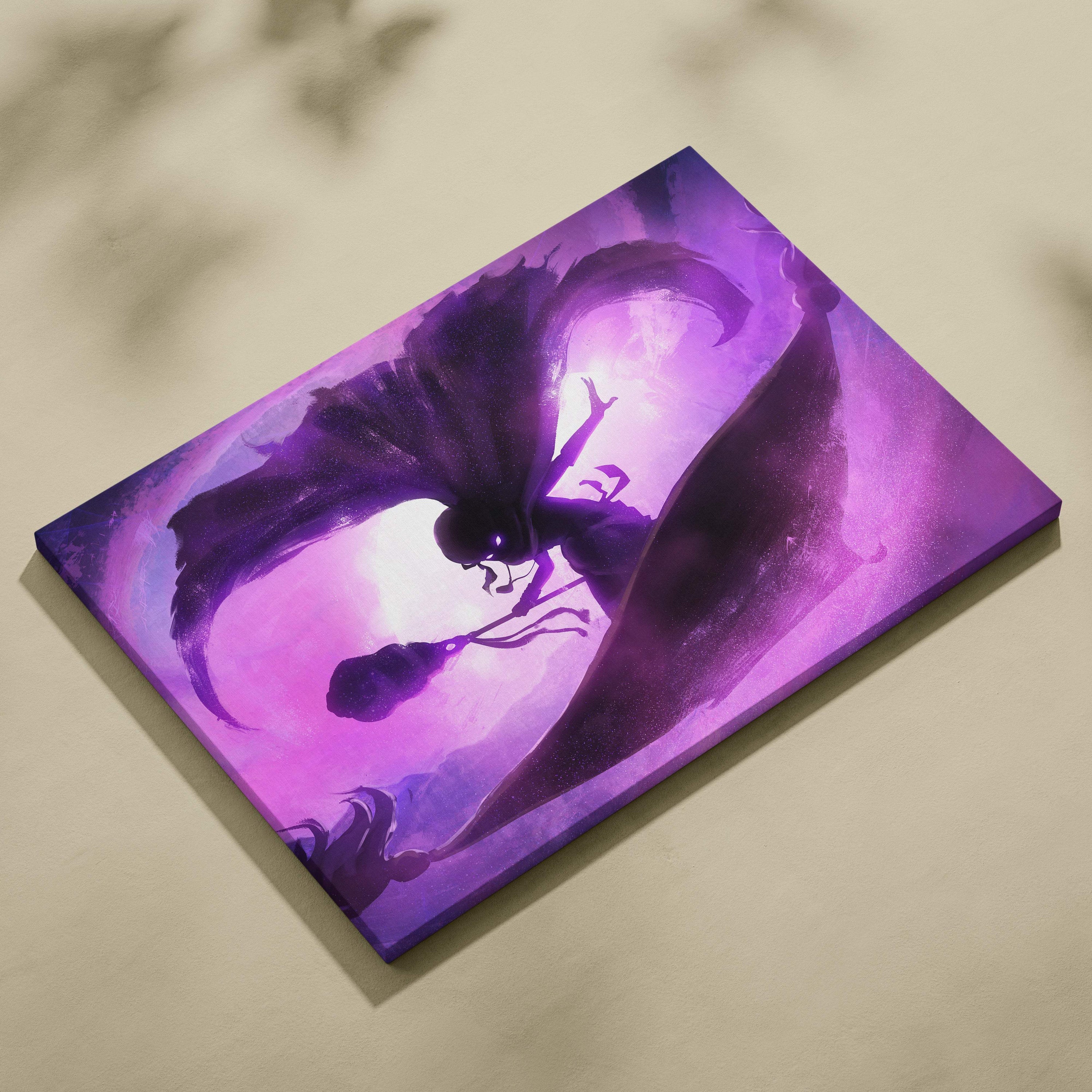 Purple canvas print of shadow mage surf featuring a winged dark silhouette with magic staff on a radiant violet background