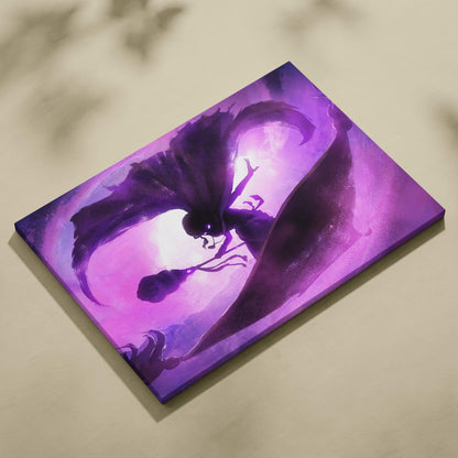 Purple canvas print of shadow mage surf featuring a winged dark silhouette with magic staff on a radiant violet background