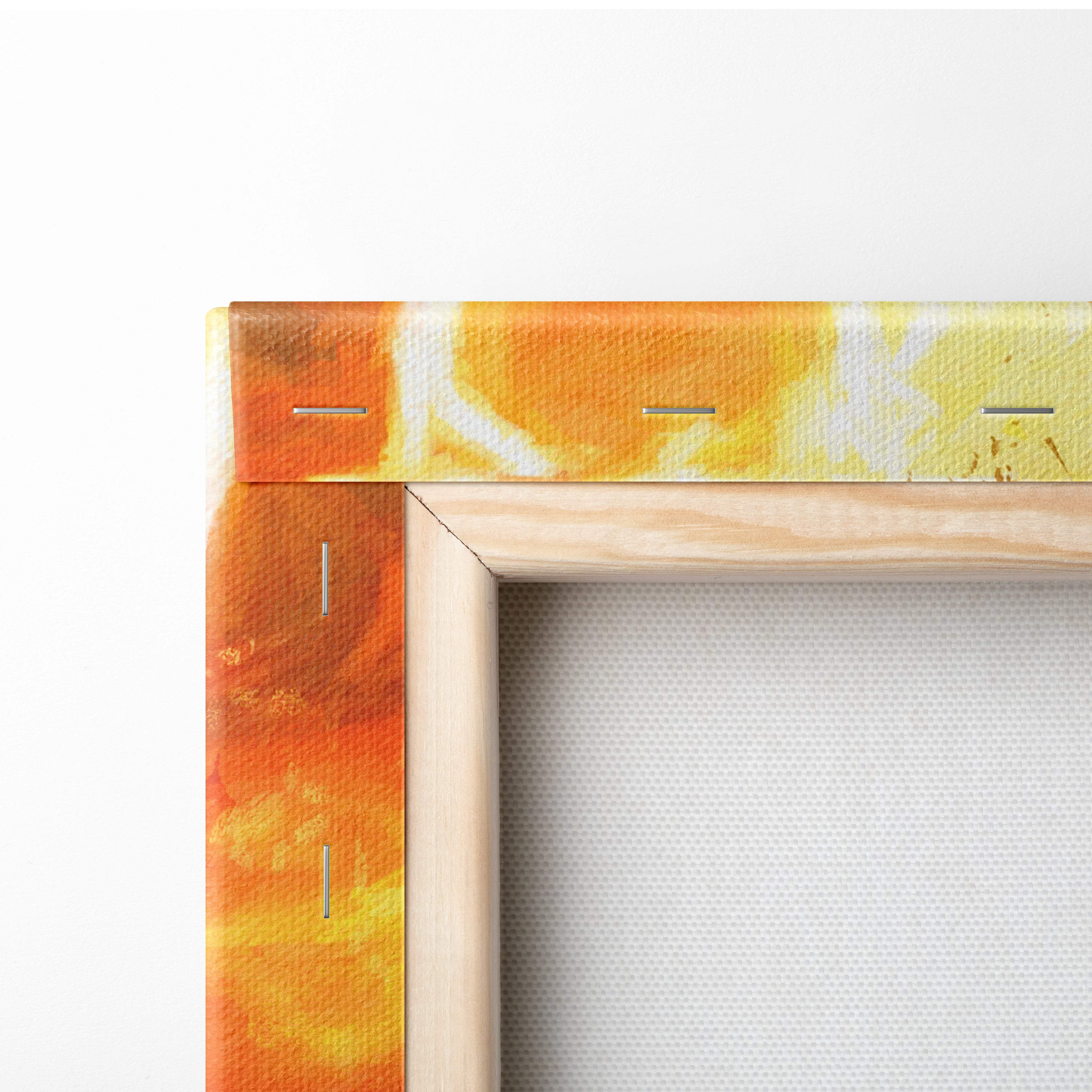 A vibrant orange and yellow apocalyptic fire mage canvas art with visible stitching in a light wood frame for wall decor