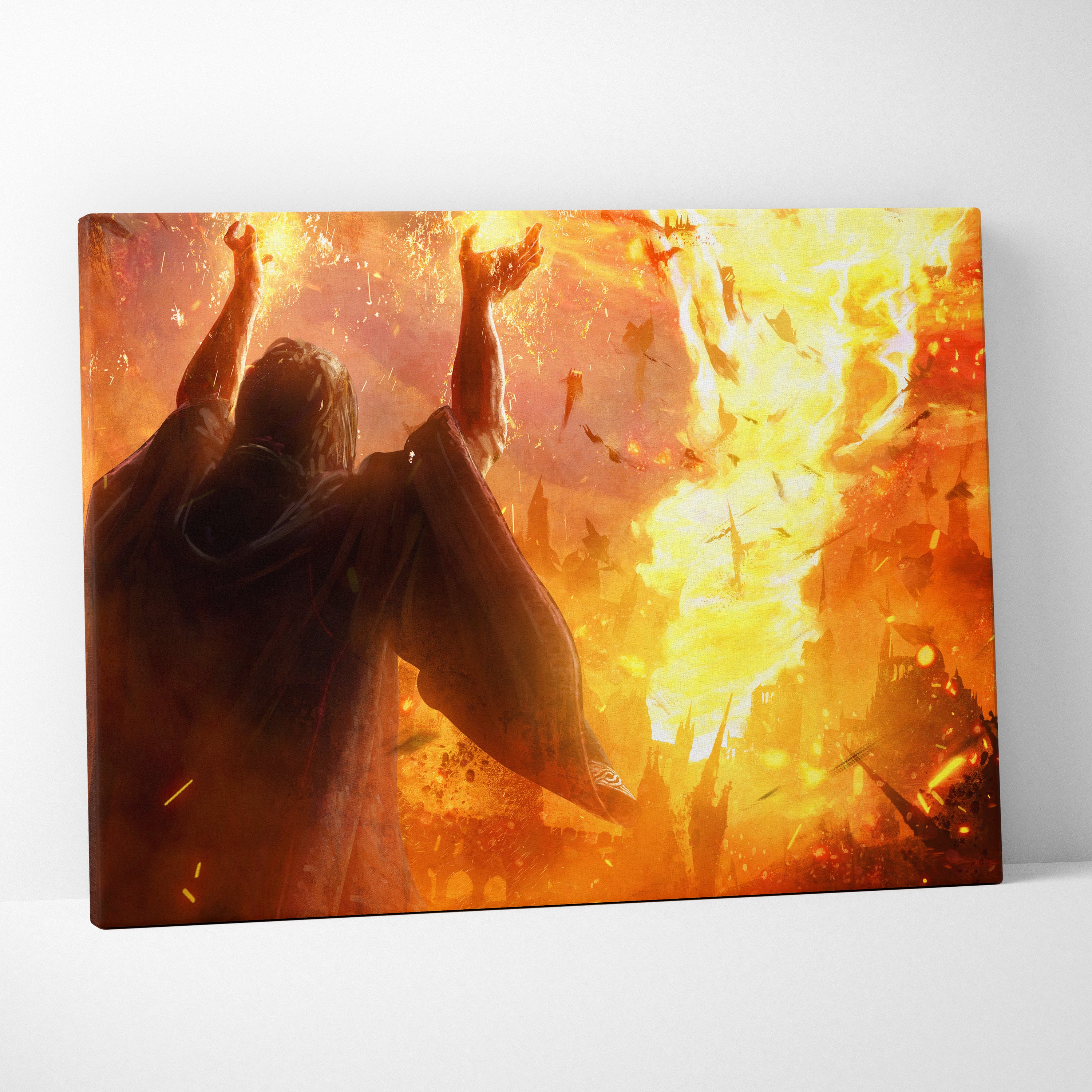 Apocalyptic Fire Mage Canvas Art – Inferno Storm Summoner over Burning City, Fiery Orange Chaos, Dark Fantasy Destruction, Epic Cinematic Wall Decor