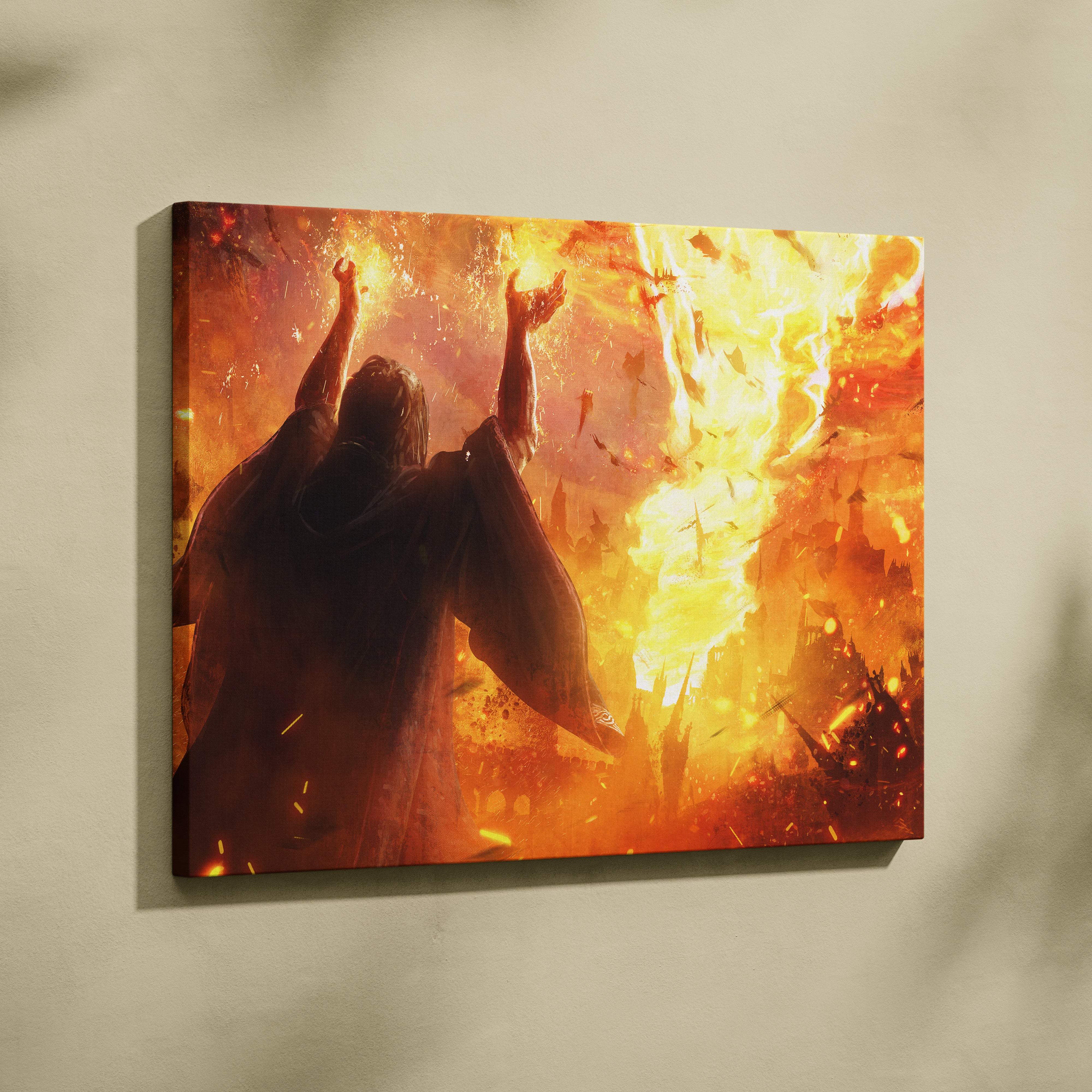 Vibrant orange and yellow canvas print of a dark-robed figure raising arms amid fiery explosions for wall decor