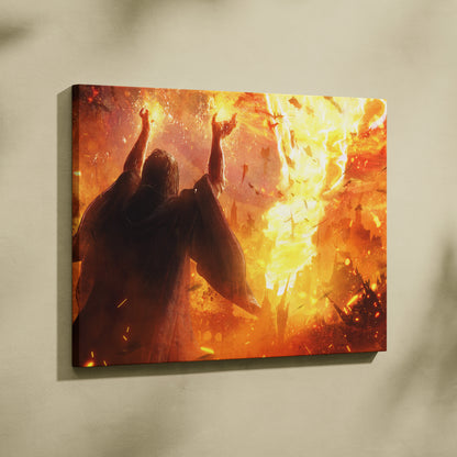 Apocalyptic Fire Mage Canvas Art – Inferno Storm Summoner over Burning City, Fiery Orange Chaos, Dark Fantasy Destruction, Epic Cinematic Wall Decor