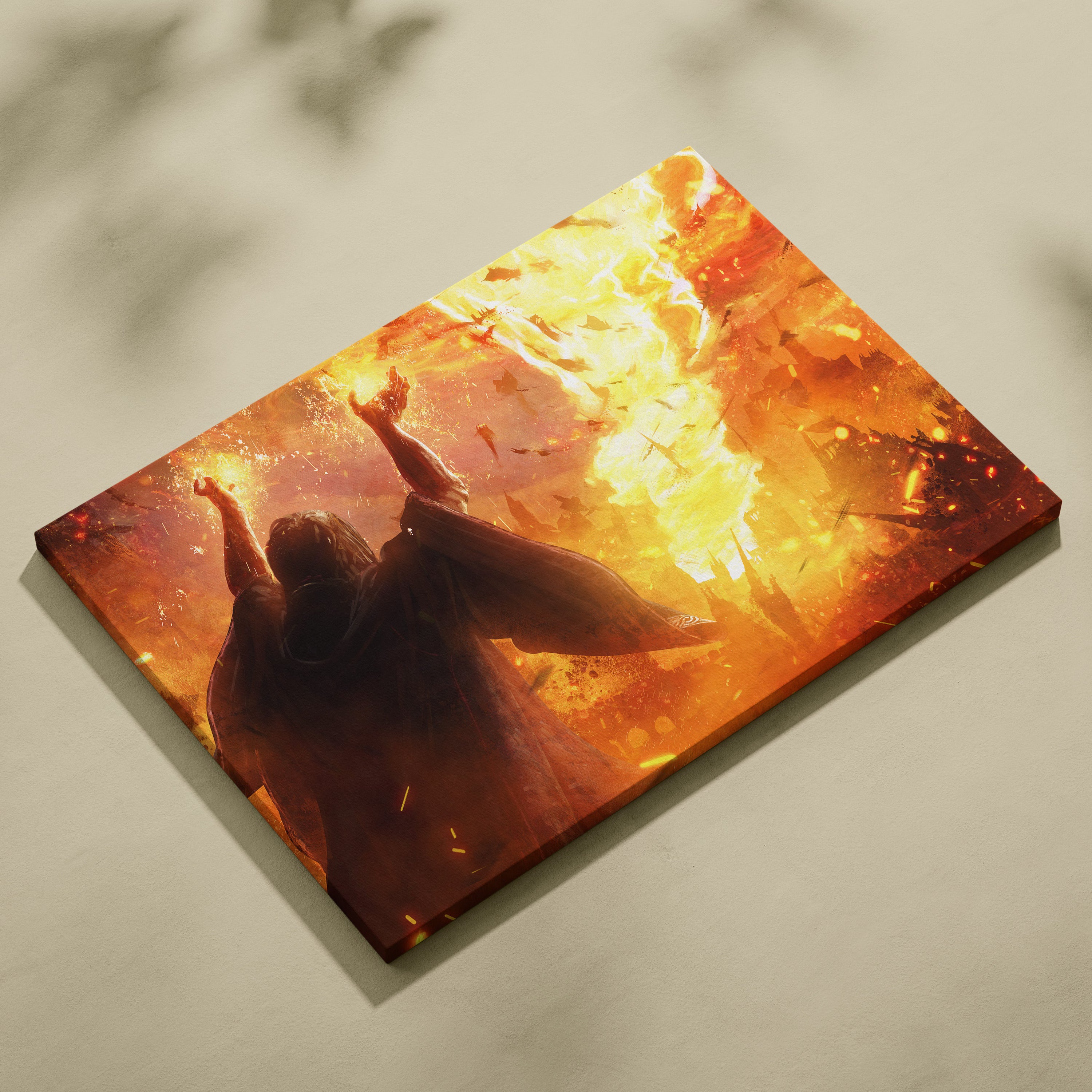 Apocalyptic Fire Mage Canvas Art – Inferno Storm Summoner over Burning City, Fiery Orange Chaos, Dark Fantasy Destruction, Epic Cinematic Wall Decor