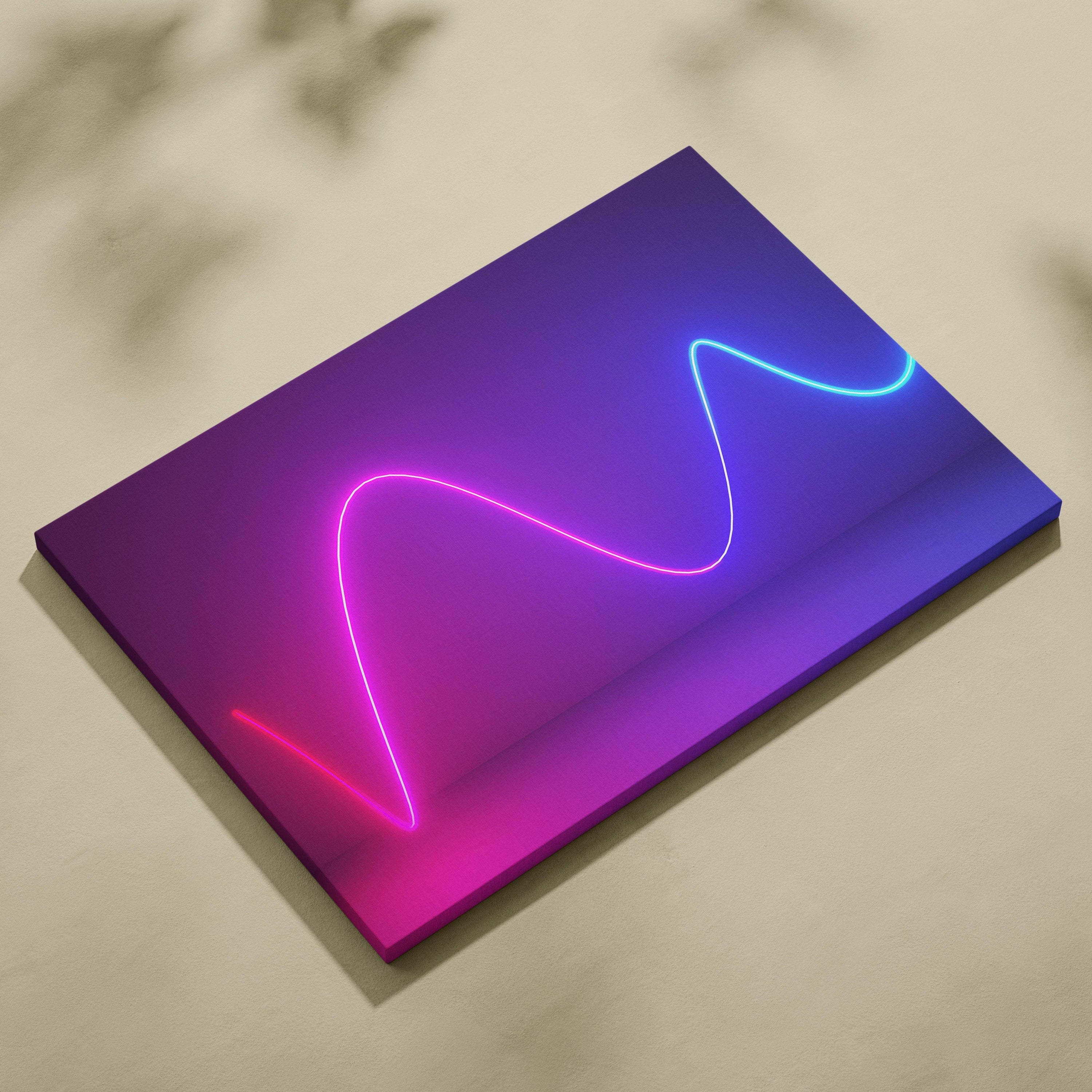 Vaporwave neon wave line canvas art print featuring a glowing pink and blue synthwave light trail on purple background