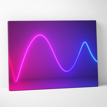 A vibrant vaporwave neon wave line canvas art print with glowing pink and blue synthwave light trails on purple gradient background