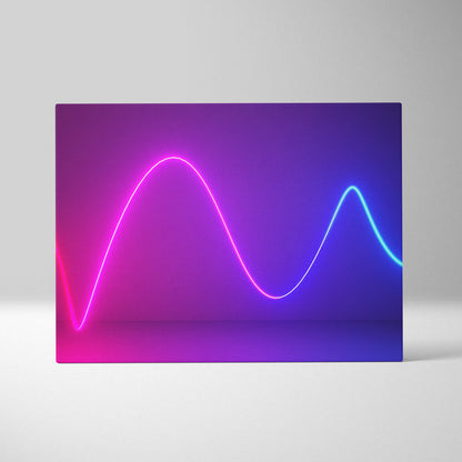 Vaporwave neon wave line canvas art print featuring glowing pink and blue light trails on a purple gradient background