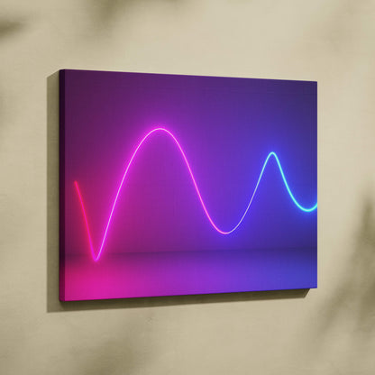 A vaporwave neon wave line canvas art print with glowing pink and blue synthwave light trails on a purple gradient background