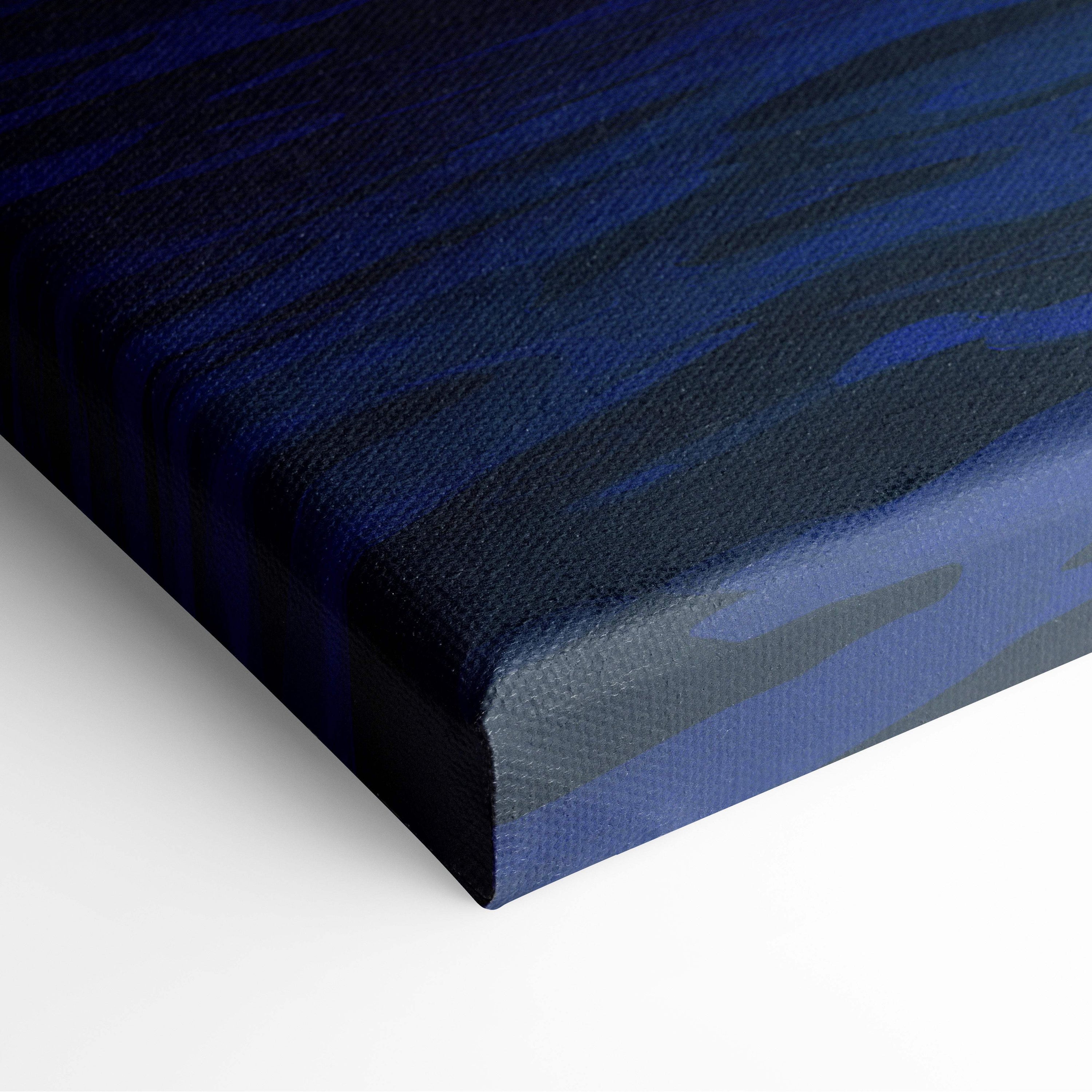 A deep blue vaporwave neon circle cloud canvas art print with textured brushstrokes and visible fabric weave