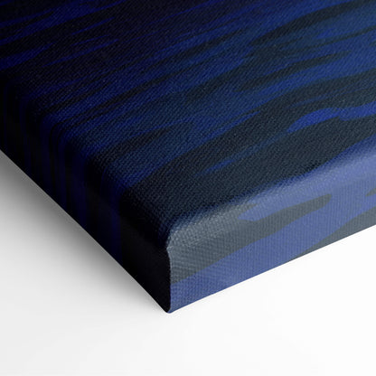 A deep blue vaporwave neon circle cloud canvas art print with textured brushstrokes and visible fabric weave