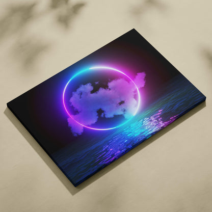 Vaporwave neon circle cloud canvas art print with pink blue synthwave glow over ocean reflection wall decor