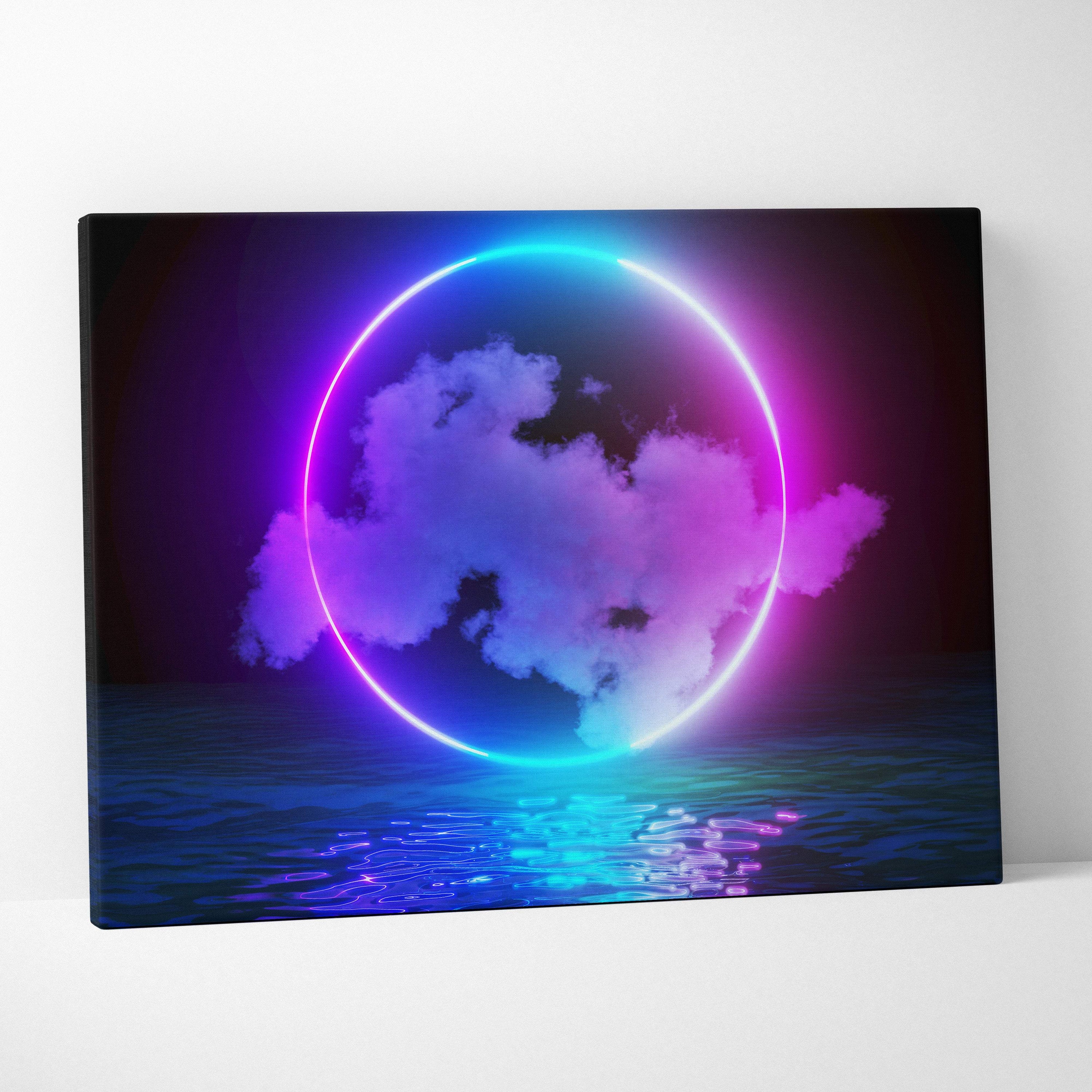 Vaporwave neon circle cloud canvas art print featuring a glowing pink and blue ring over purple clouds and ocean reflection