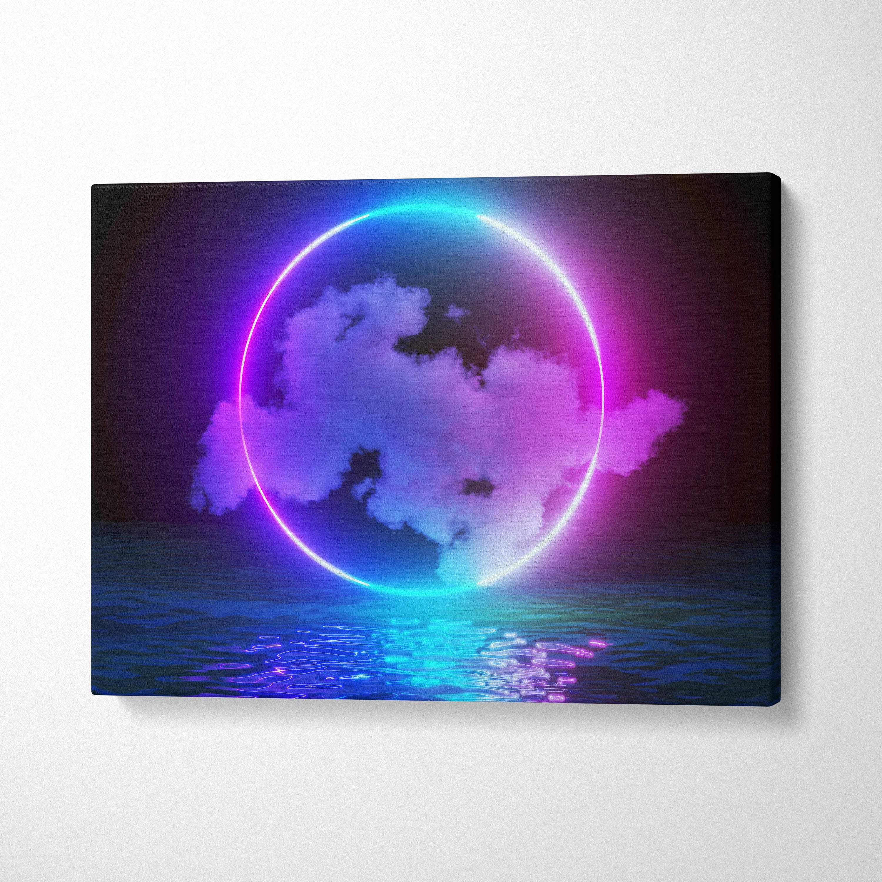 Vaporwave neon circle cloud canvas art print with glowing blue and purple ring above reflective ocean water