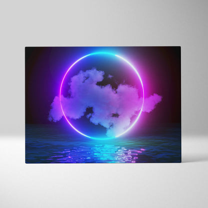 Vaporwave neon circle cloud canvas art print with glowing blue and purple ring over reflective ocean water