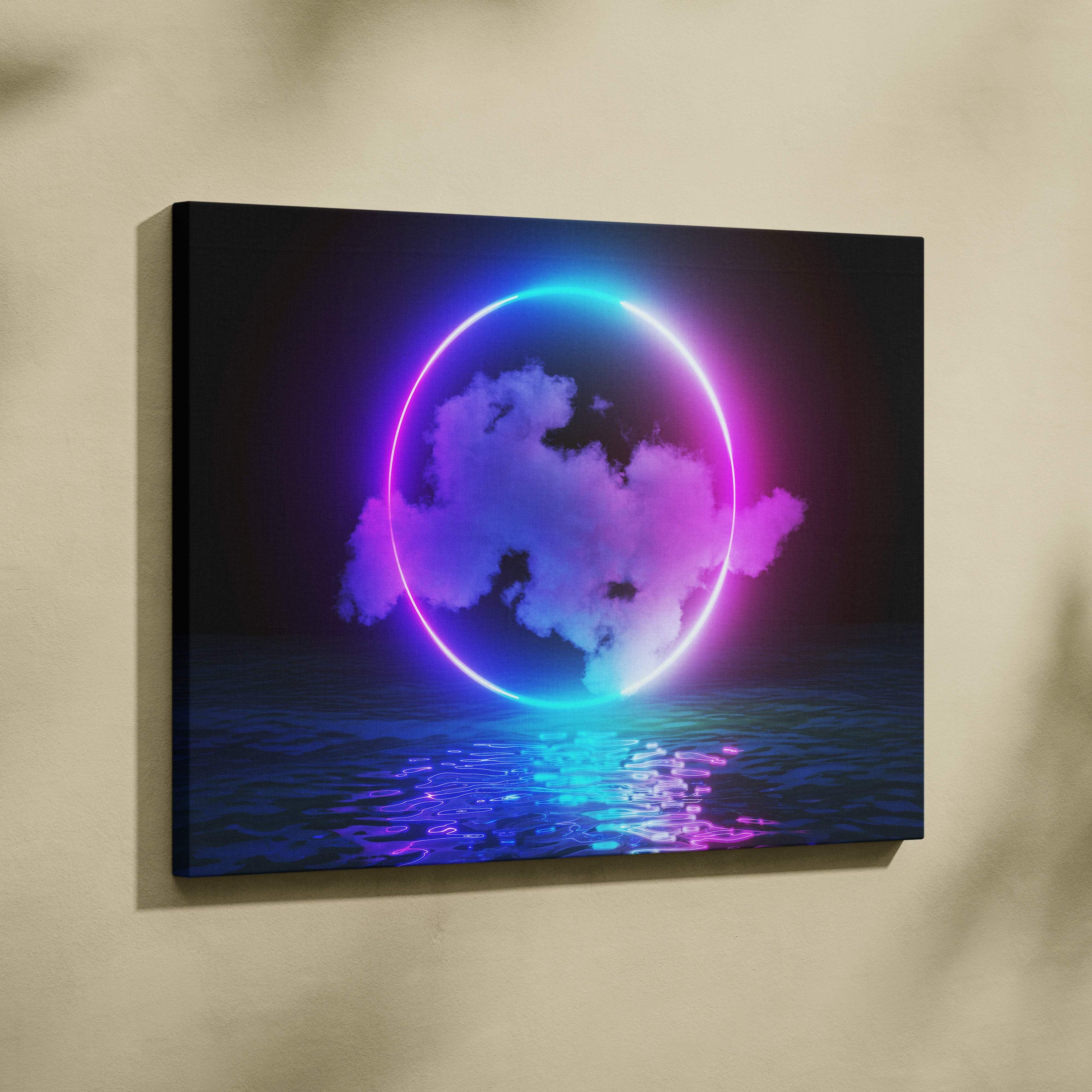 Neon-lit circular ring canvas print featuring glowing purple and cyan halo with stylized clouds and ocean reflection