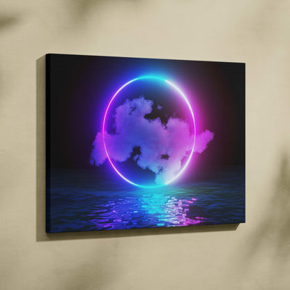 Neon-lit circular ring canvas print featuring glowing purple and cyan halo with stylized clouds and ocean reflection