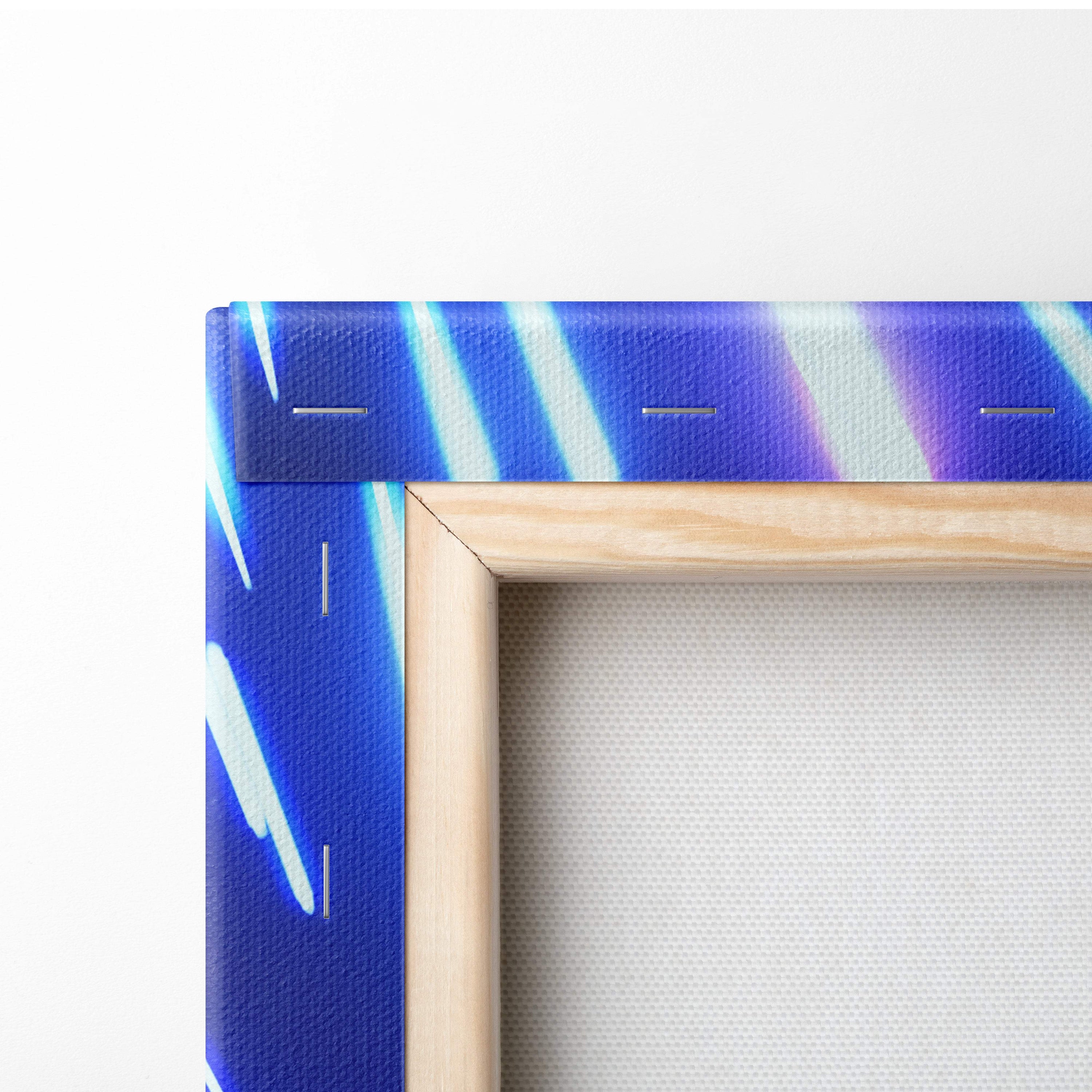 Blue and white abstract canvas art with light wood frame retrowave supercar light tunnel wall decor print