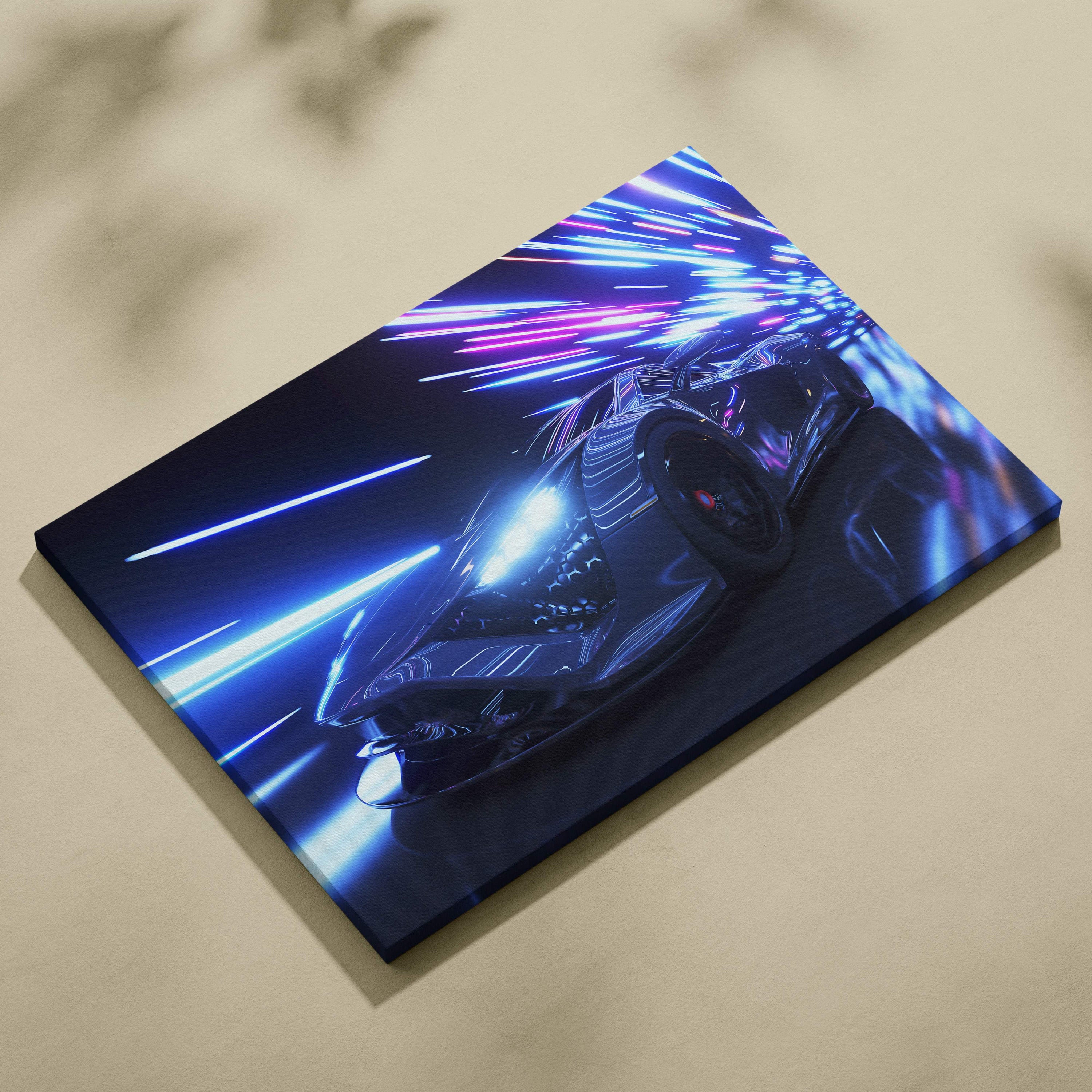 Retrowave supercar light tunnel canvas art print featuring a black sports car with blue and purple nebula-themed neon streaks