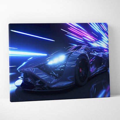 Retrowave supercar light tunnel canvas art print features neon blue and purple streaks on a glossy black sports car