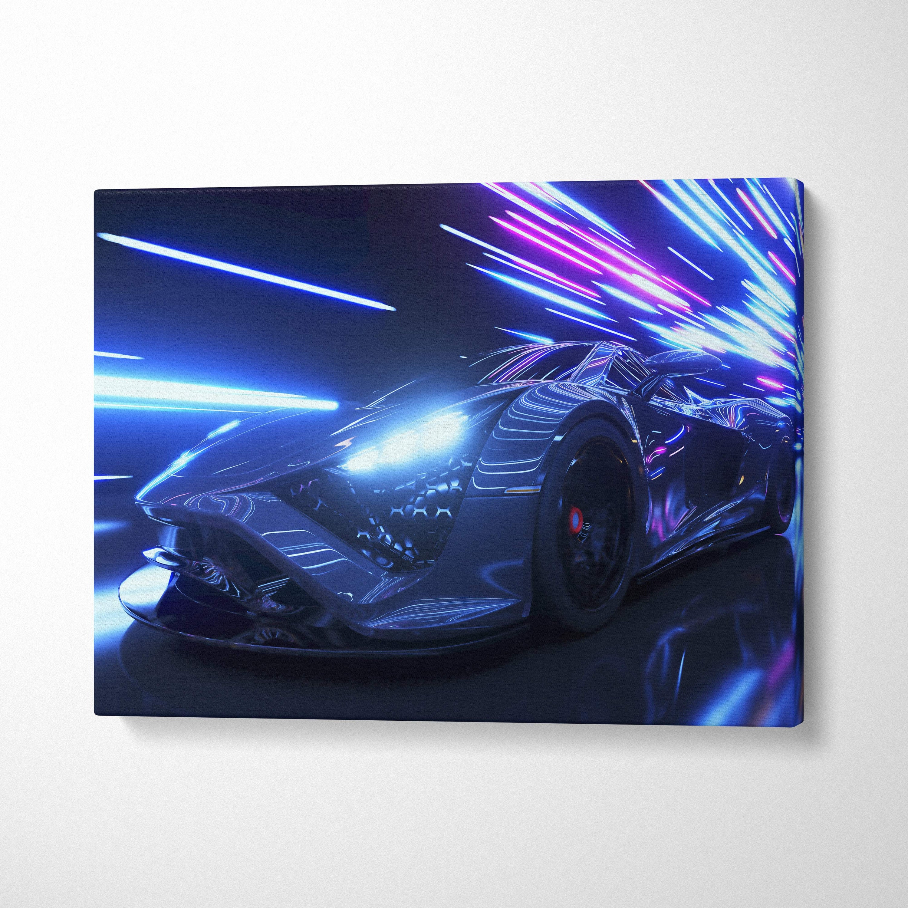 Neon blue and purple streaks illuminate a sleek black sports car on a retrowave supercar canvas art print
