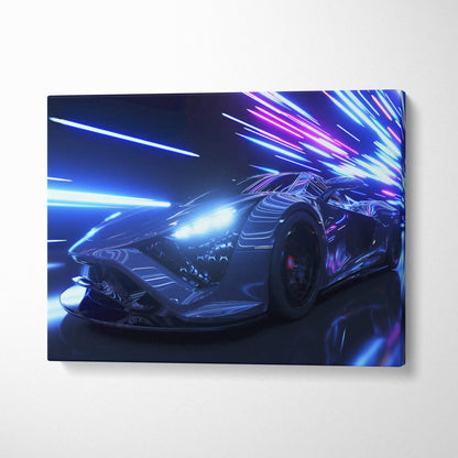 Neon blue and purple streaks illuminate a sleek black sports car on a retrowave supercar canvas art print