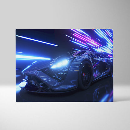 Retrowave supercar light tunnel canvas art print featuring neon-blue and purple streaks on a sleek black sports car