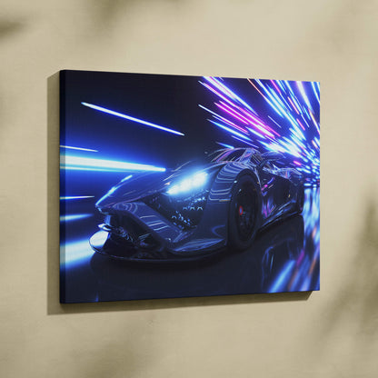 Neon-lit black sports car canvas print with glowing blue and purple light streaks in a retrowave supercar design