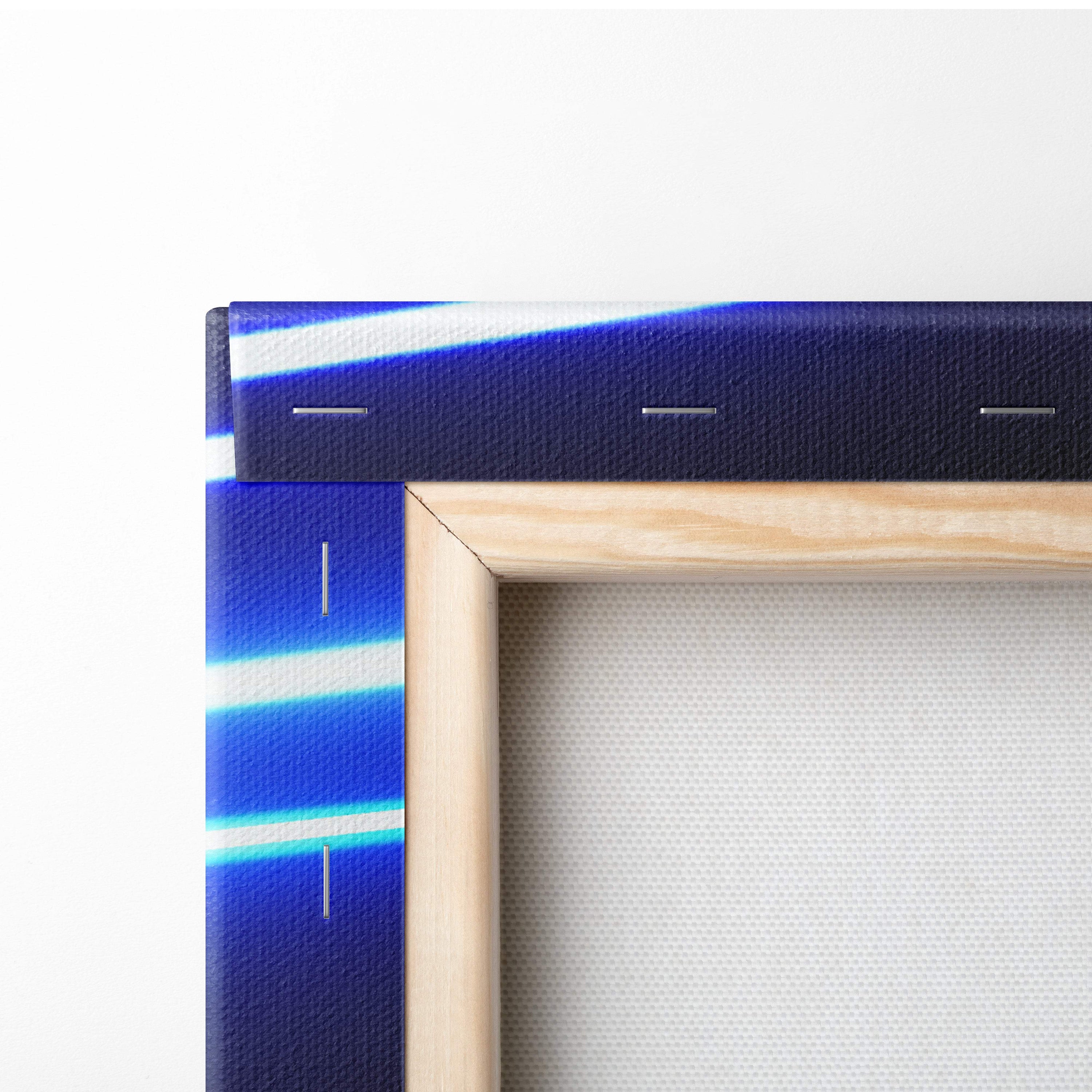 Blue and white striped canvas art print with light wood frame featuring retrowave supercar light trails design