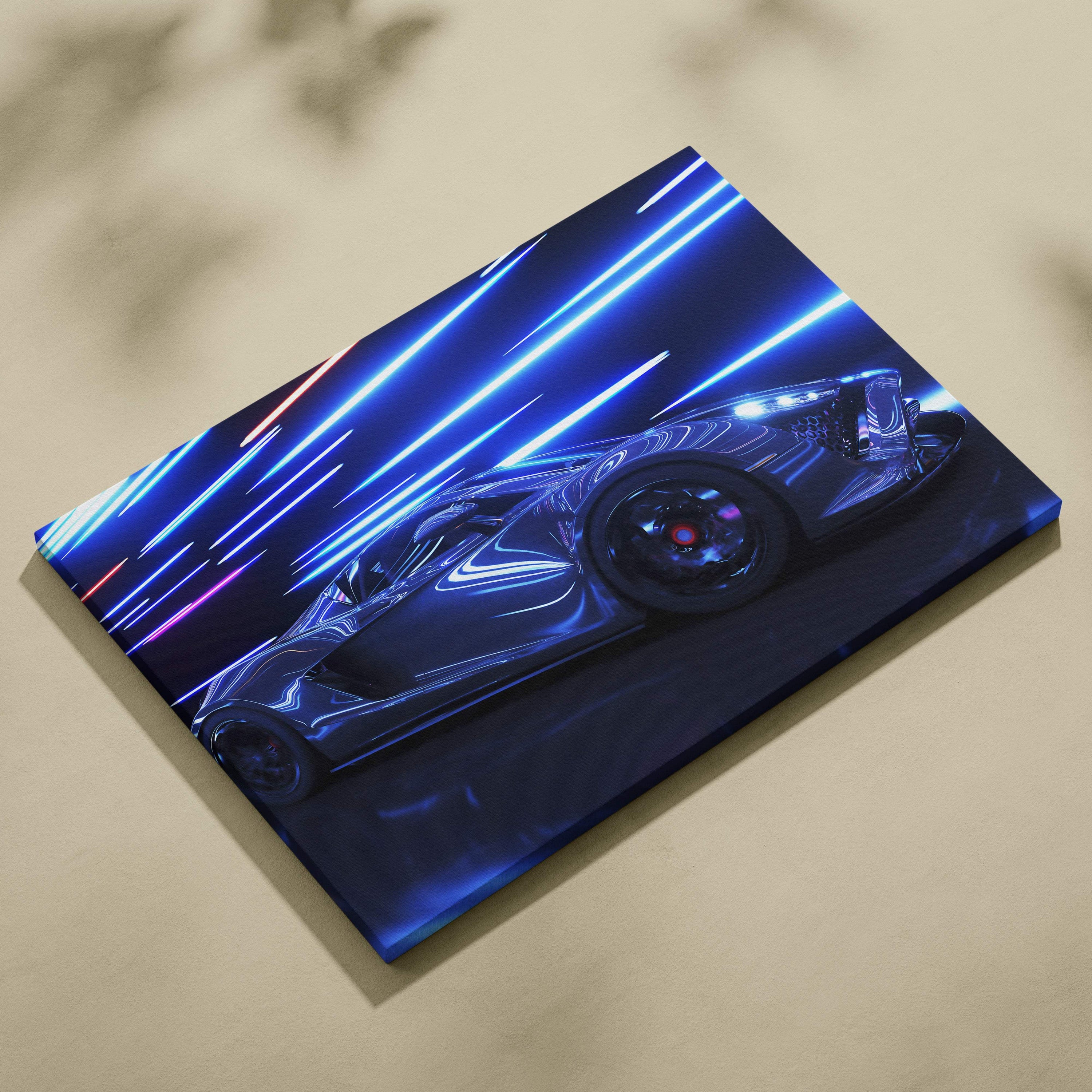 Narrow canvas print of a sleek dark blue futuristic sports car with electric blue and purple neon light trails