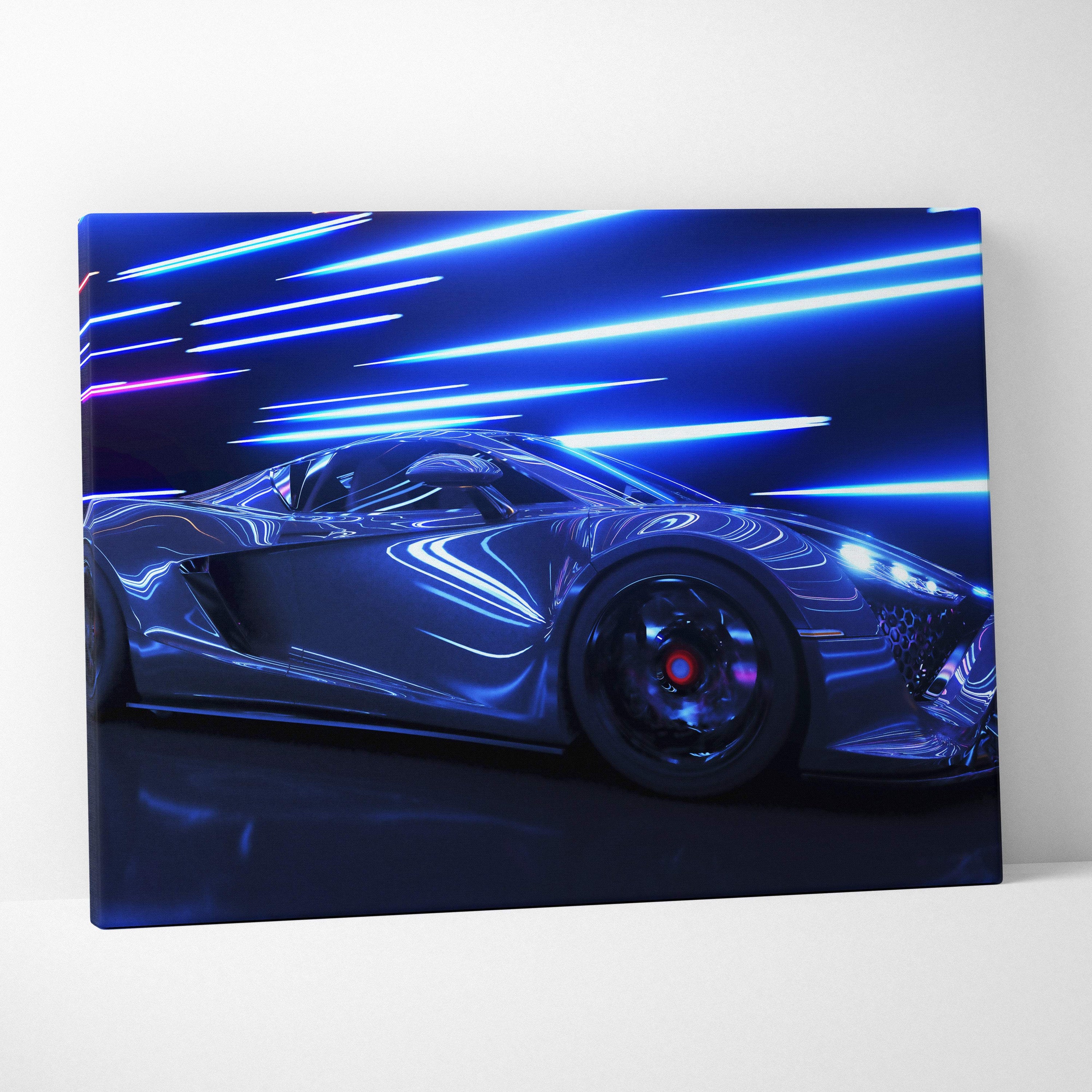 Retrowave supercar light trails canvas art print featuring a sleek dark blue synthwave sports car with neon racing lights