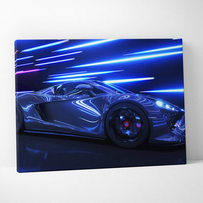 Retrowave supercar light trails canvas art print featuring a sleek dark blue synthwave sports car with neon racing lights