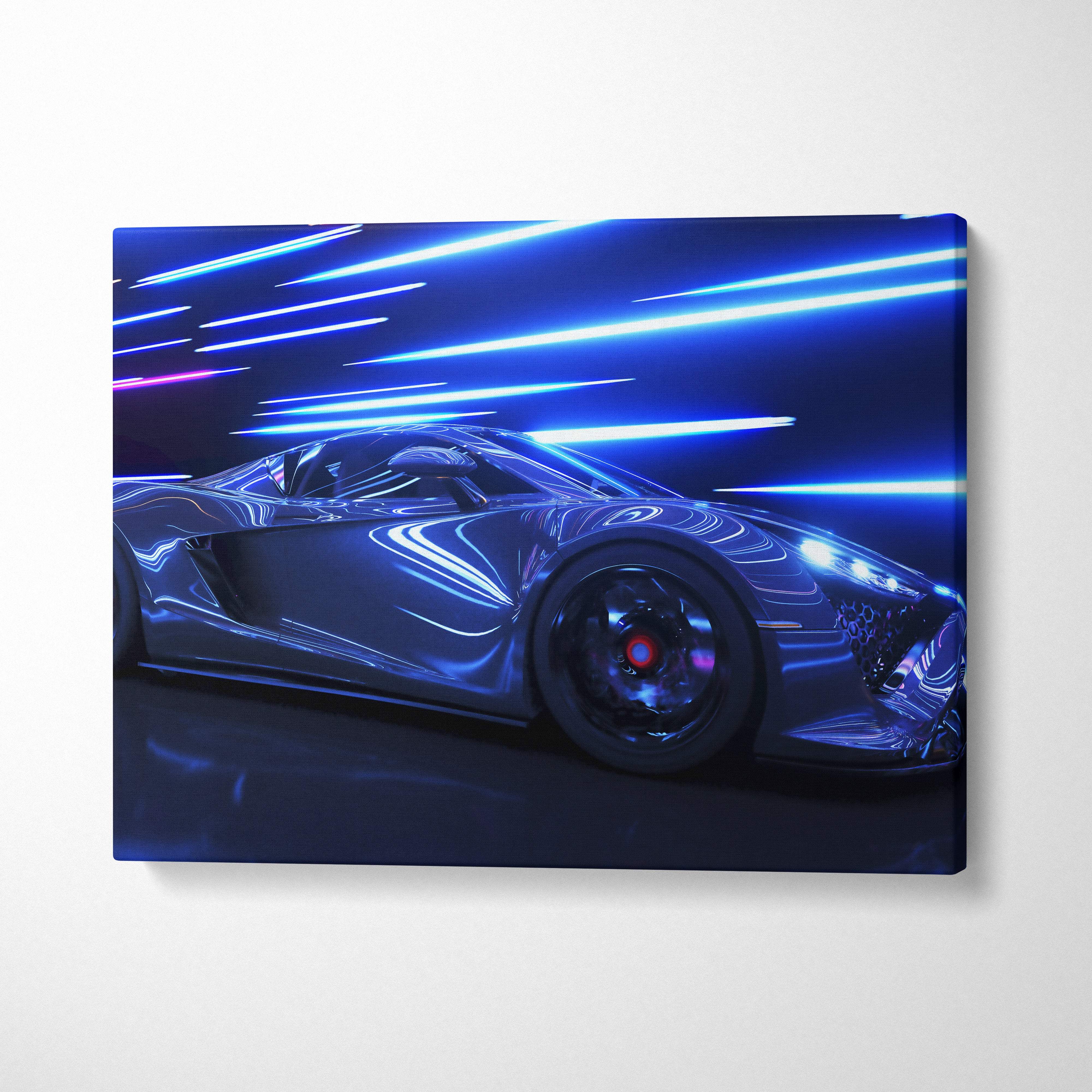 Narrow canvas print of a sleek dark metallic sports car with glowing blue neon light trails in retrowave style