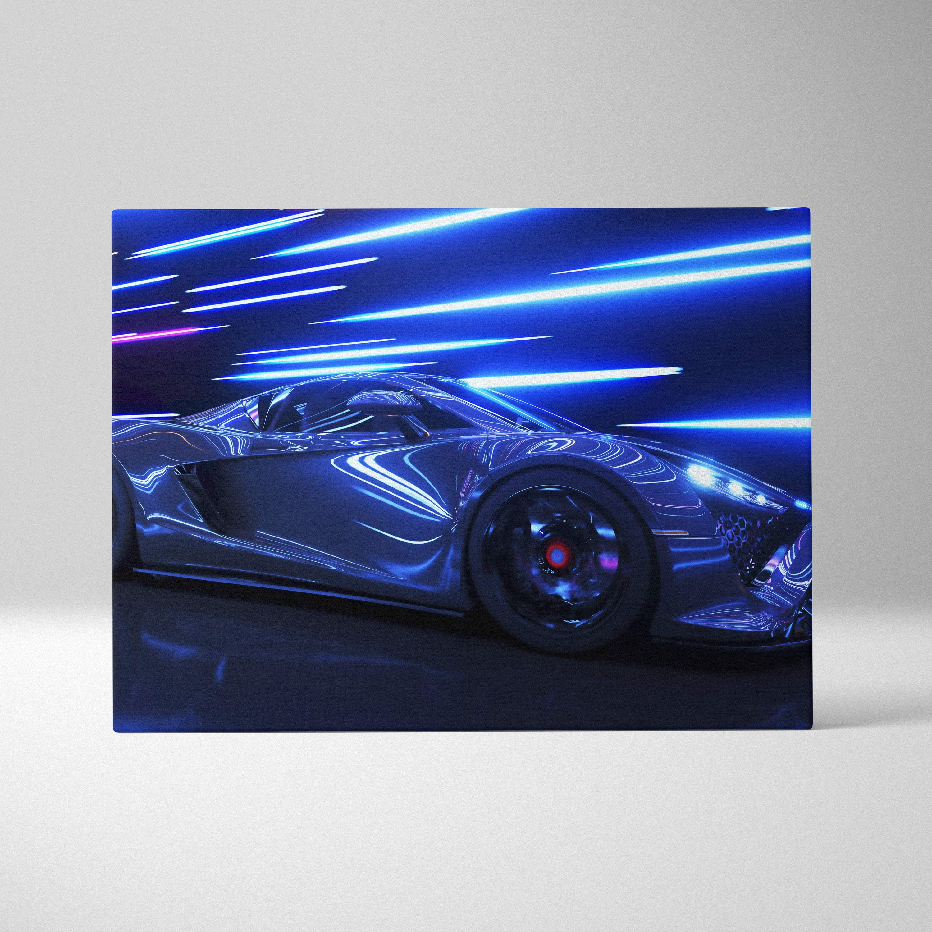 Retrowave supercar light trails canvas art print featuring a sleek dark blue metallic synthwave sports car with neon lights
